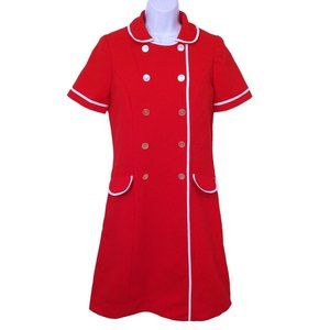 Vintage 60s-70s Uniform Dress Waitress Service -M(8) Knit Polyester Red White